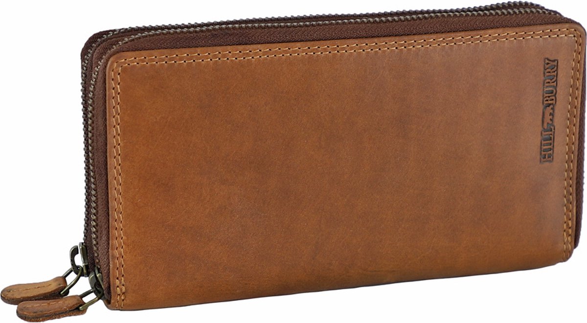 HillBurry Dames Portemonnee met Dubbele Rits - RFID - Premium Zip Around Vrouwen Portefeuille - Vintage Leer - Bruin