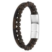 Lucardi Heren Armband leer en steen bruin - Leer - Armband - Cadeau - 22 cm - Zilverkleurig