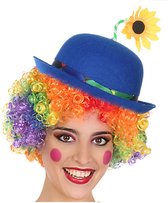 Ensemble de déguisement de Clown perruque colorée avec chapeau melon bleu avec fleur - Déguisements et accessoires clowns carnaval