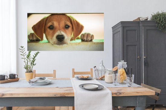 Poster Un chiot regarde à travers une clôture - 160x80 cm