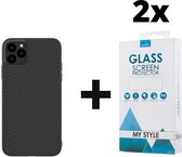 Backcase Carbon Hoesje iPhone 11 Pro Max Zwart - 2x Gratis Screen Protector - Telefoonhoesje - Smartphonehoesje