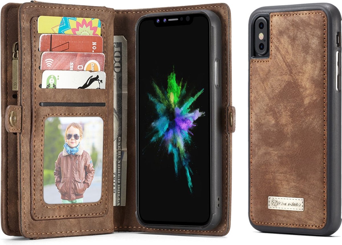 Caseme Telefoonhoesje geschikt voor Apple iPhone X Hoesje | Caseme 008 Uitneembare 2in1 Bookcase Portemonnee | Pasjeshouder voor 8 Pasjes | Telefoonhoesje voor Pinpas / OV Kaart / Rijbewijs - Bruin