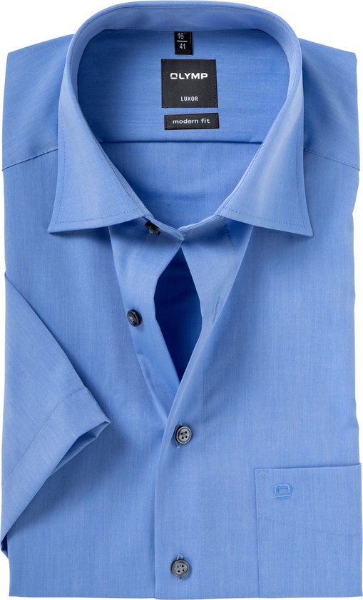 OLYMP Luxor modern fit overhemd - korte mouw - midden blauw - Strijkvrij - Boordmaat: 40