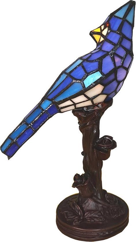 LumiLamp Tiffany Lampe de Table Vogel 15*12*33 cm E14/max 1*25W Blauw Glas, Plastique Tiffany Lampe de Bureau Tiffany Lampes