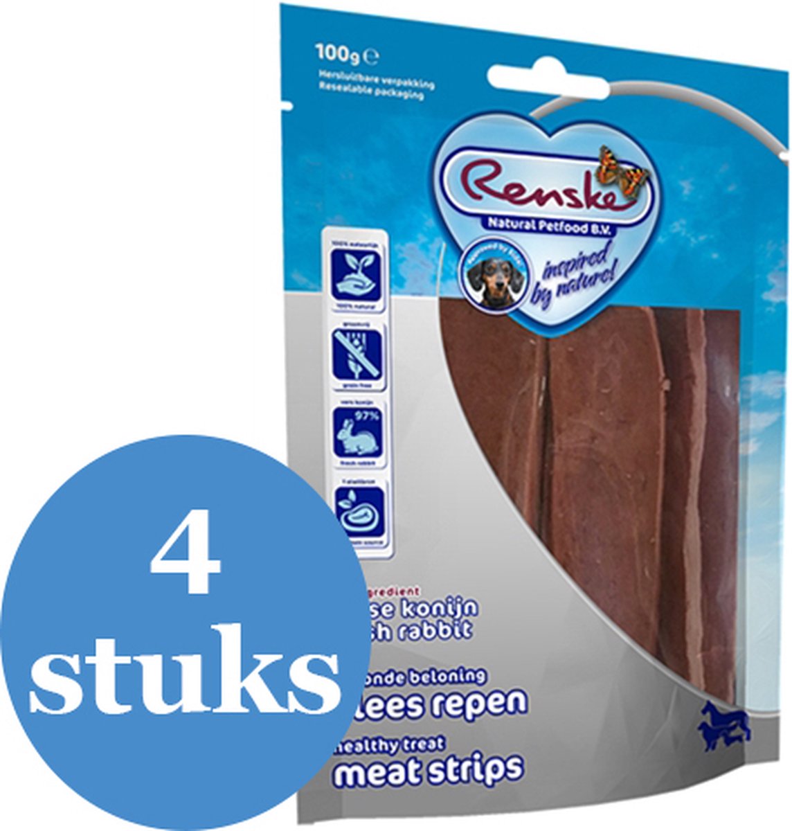 Renske Gezonde Beloning Vlees Strip Konijn Hondensnack - 4 x 100 g