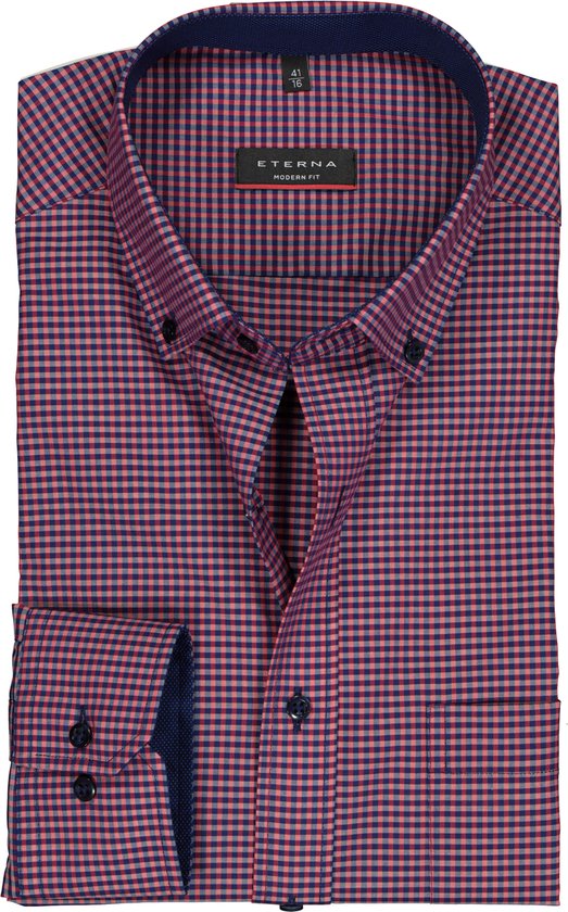 ETERNA modern fit overhemd - poplin heren overhemd - rood met blauw geruit (contrast) - Strijkvrij - Boordmaat: 41