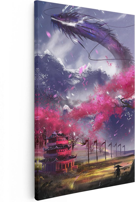 Artaza Canvas Schilderij Fantasie Draak bij een Japanse Tempel in de Bergen - 20x30 - Klein - Foto Op Canvas - Canvas Print