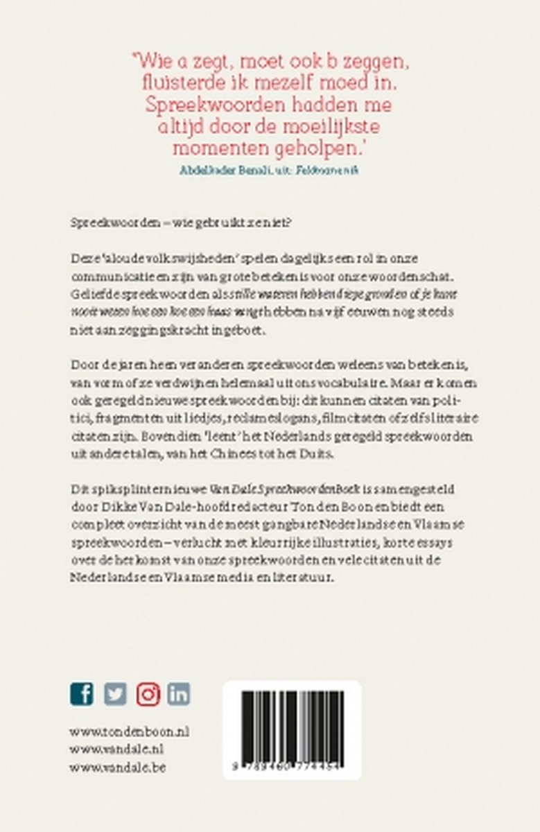 Achterkant van het 'Van Dale Spreekwoordenboek' met een citaat en informatie over de inhoud en auteurs.