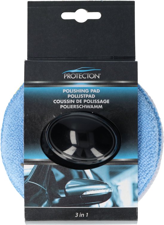 Verpakking van een Protecton polijstpad met een blauwe microvezel pad en een afbeelding van een auto.
