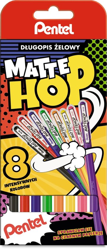 Doos met acht Pentel Mattehop gelpennen met felle kleuren, met de tekst 'Dlugopis Zelowy Matte Hop' en '8 Intensywnych Kolorow'.