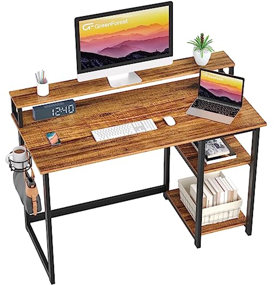Computer Bureau met Monitorstandaard en Opbergplanken - Bruin 100cm