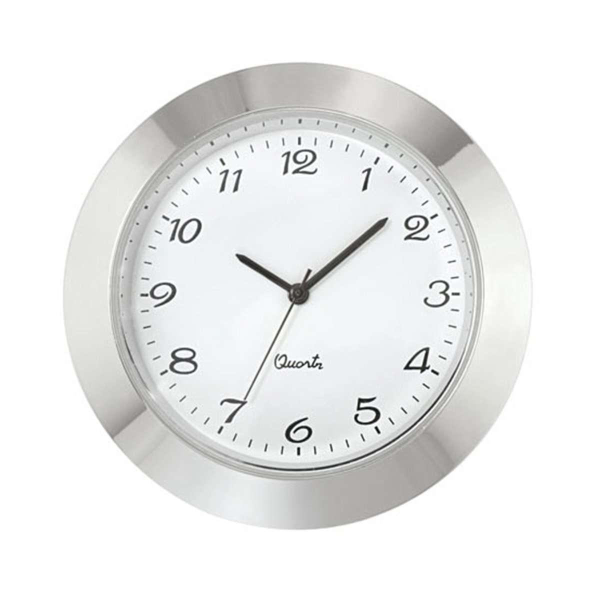 Mini insert uurwerk import trommel Ø 46,5mm, lunette Ø 50mm verchroomd, wijzerplaat wit-antiek, Arabische cijfers