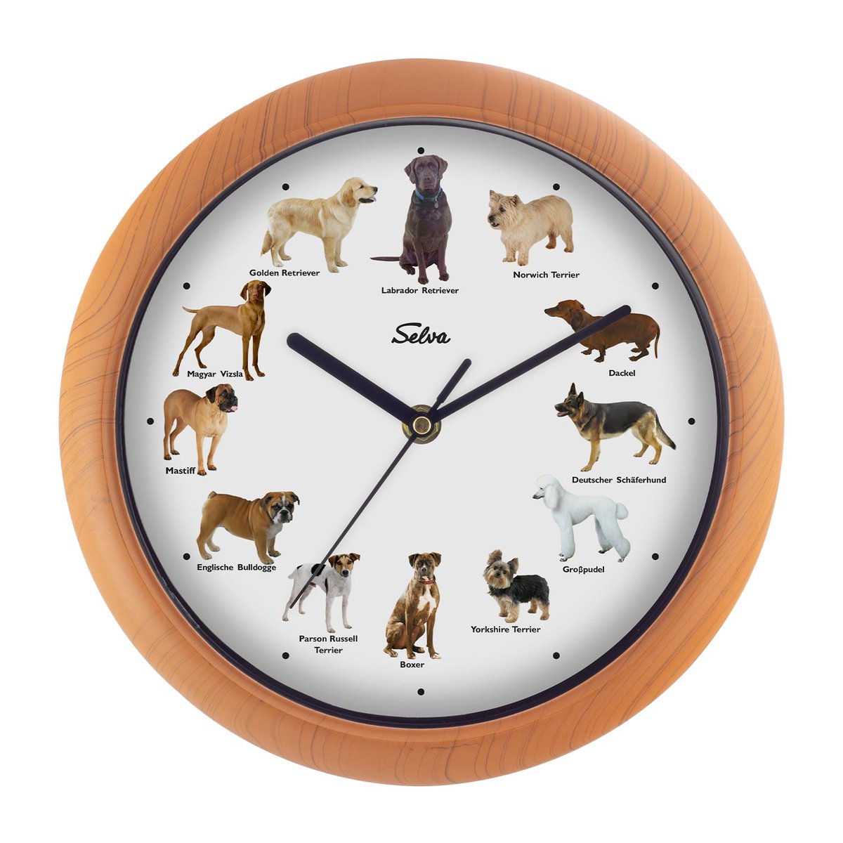 SELVA dierenklok, wandklok, met dierengeluiden op elk uur en kleurrijke illustraties, kunststof kast, houtlook