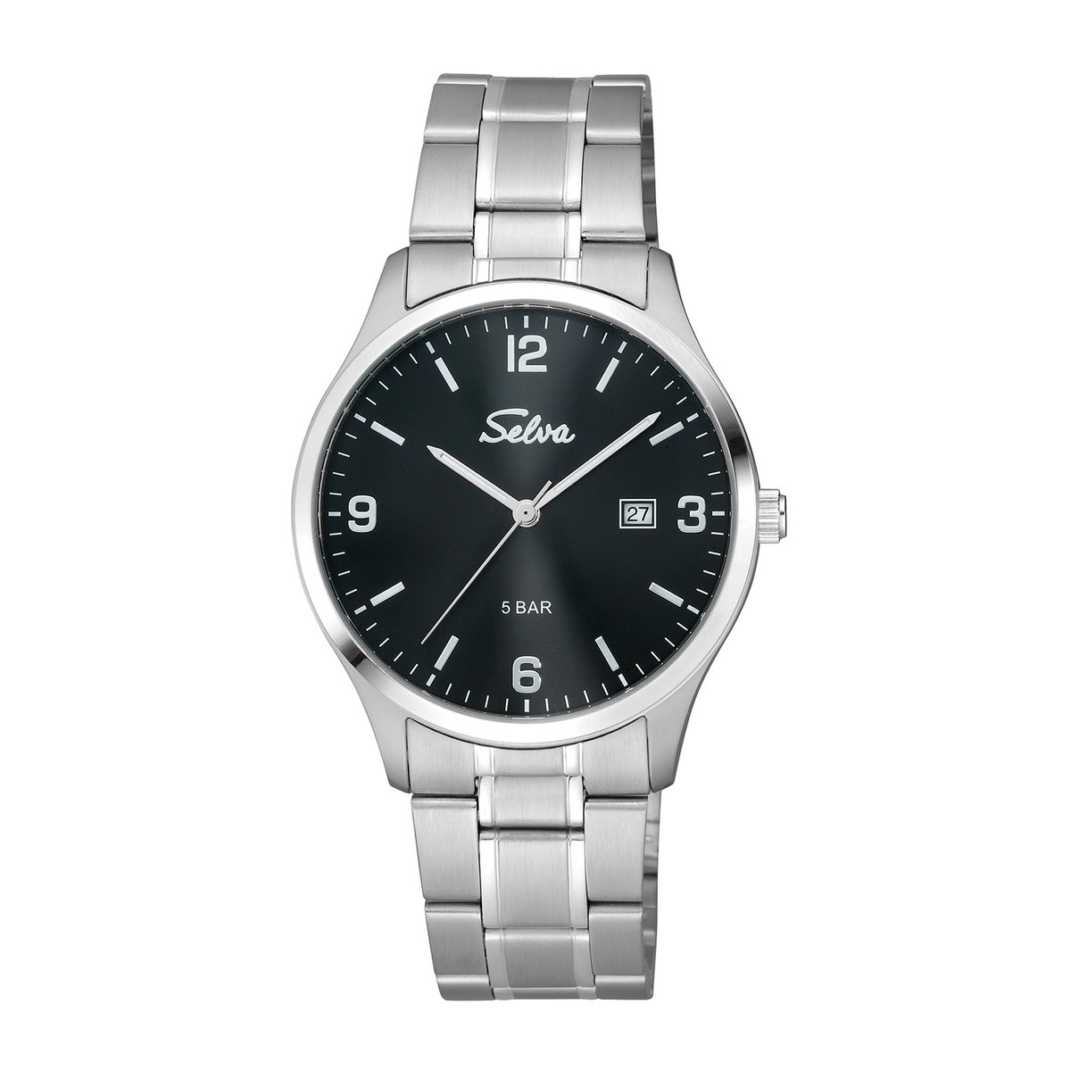 SELVA heren polshorloge, quartz, index en cijfers, roestvrijstalen kast, roestvrijstalen band, vouwsluiting, 5 bar