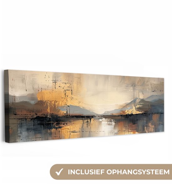 Canvas schilderij 150x50 cm - Wanddecoratie Abstract - Modern - Beige - Aesthetic - Goud - Muurdecoratie woonkamer - Slaapkamer decoratie - Kamer accessoires - Schilderijen op canvas