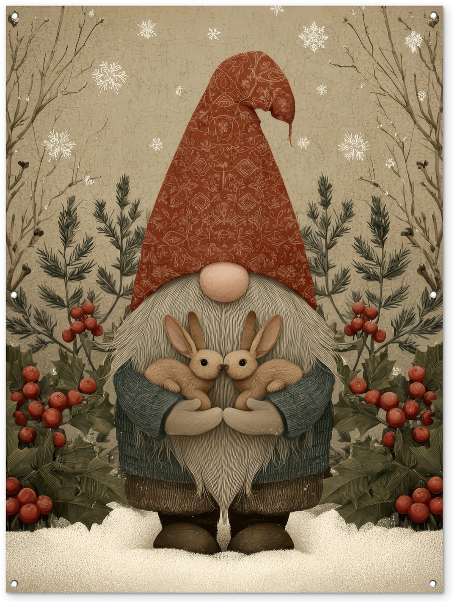 Tuinposter 120x160 cm met kleurrijke Kerstgnome en konijntjes voor buiten.