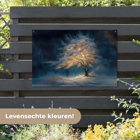 Tuinposter 120x80 cm - Tuindecoratie Levensboom - Nacht - Donker - Blauw - Poster voor in de tuin - Buiten decoratie - Schutting tuinschilderij - Tuindoek muurdecoratie - Wanddecoratie balkondoek