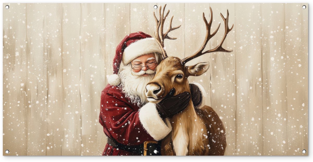 Kleurrijke tuinposter met afbeelding van Kerstman, rendier en sneeuw, 160x80 cm, buiten decoratie voor tuin of schutting.