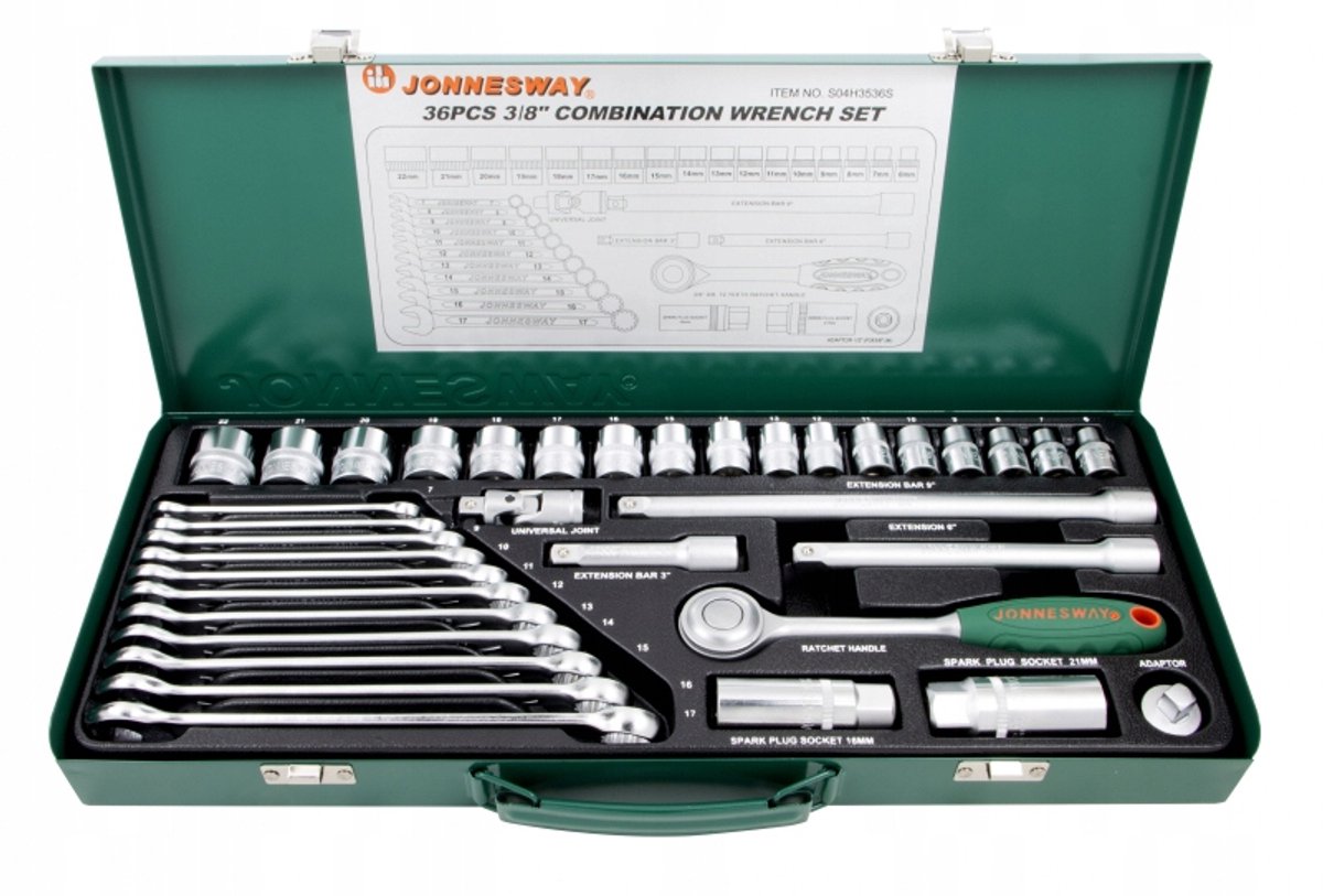 Jonnesway 36-delige 3/8" doppenset met ratel en sleutels