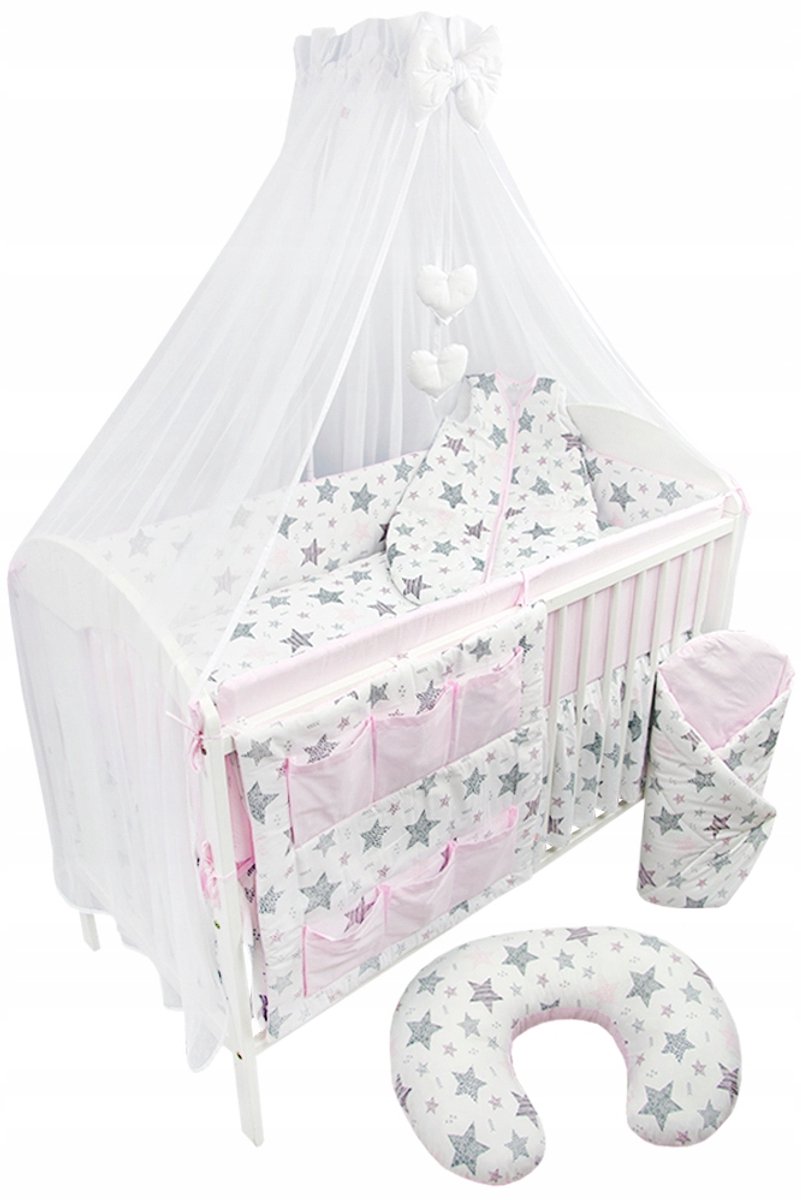 Image of 12-delige babybeddengoedset met hemelsblauw, roze en slaapzak