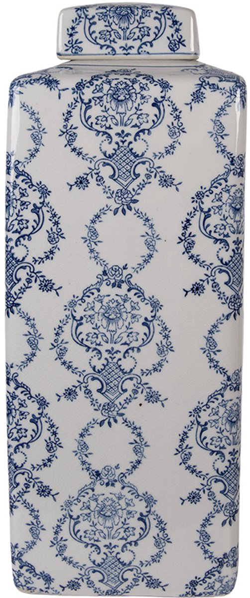 Clayre & Eef Vaas met Deksel 16x16x41 cm Wit Blauw Keramiek