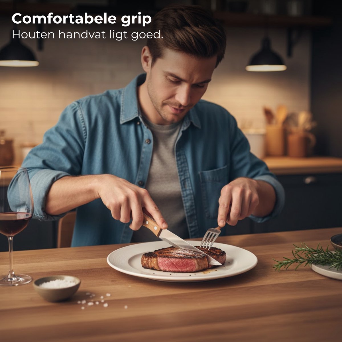 Lomera Rvs Steakmessen - Steakmessen Set - Houten Handvat - Vlees Snijden - Bbq-Mes - 24 Cm Lengte - Steak Bestek - Vleesmes Set