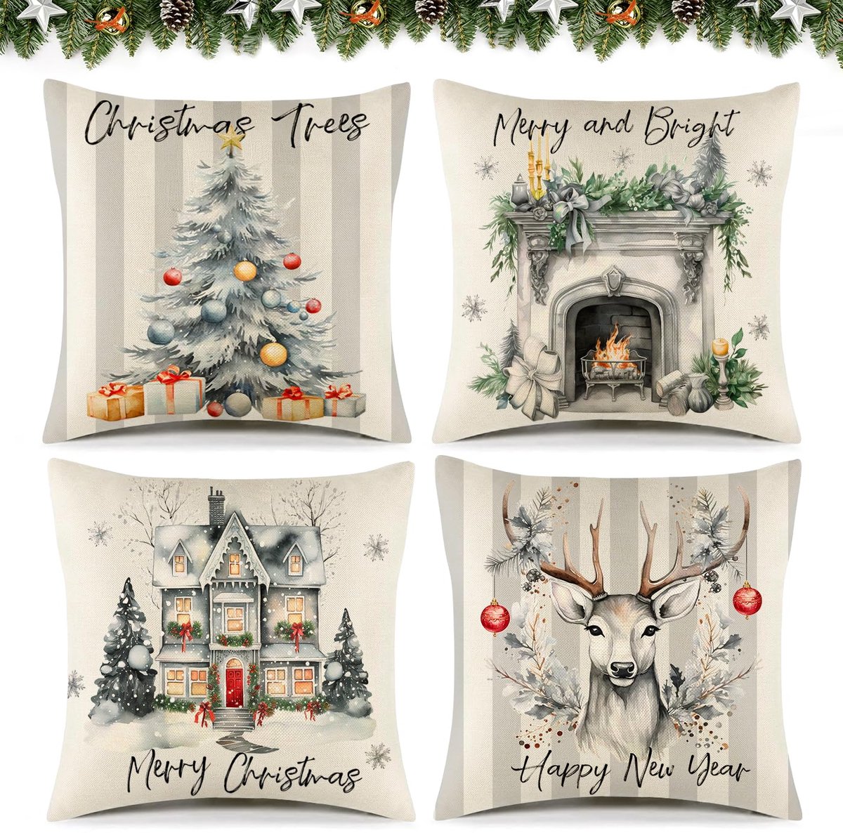 Unyqoos Set van 4 grijze linnen kussenslopen met kerstmotieven voor sfeervolle decoratie Kerstboom