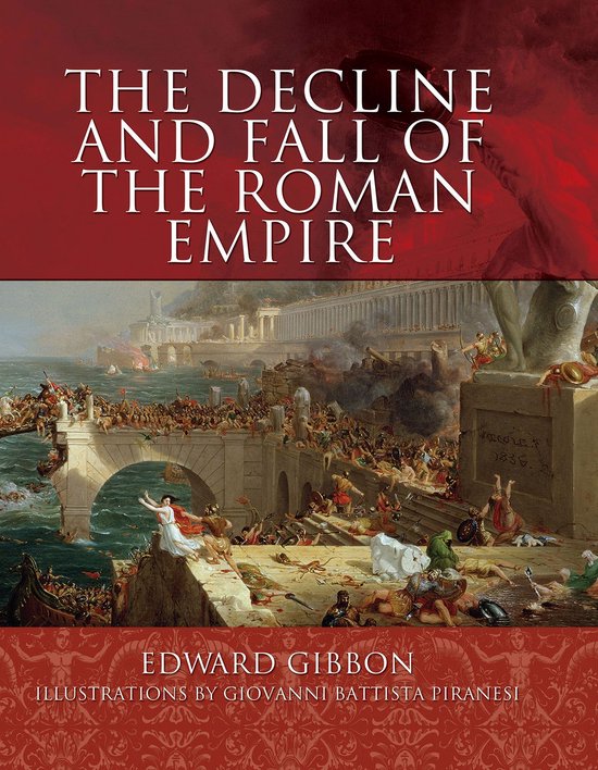Couverture du livre 'The Decline and Fall of the Roman Empire' avec une peinture d'une foule chaotique et de bâtiments.