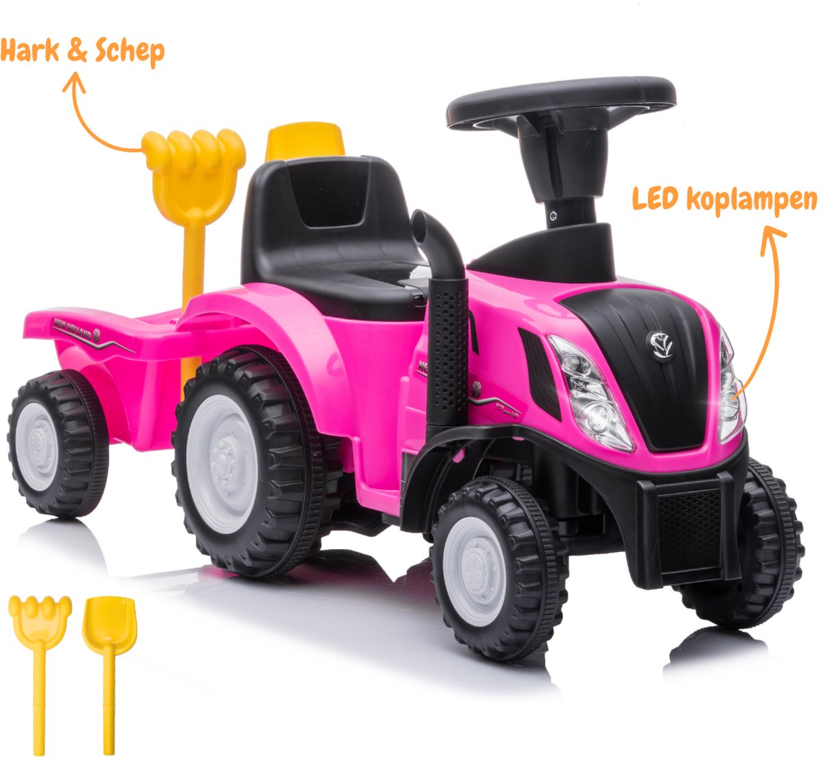 New Holland Loopauto Tractor 1 tot 3 jaar – Officieel Gelicentieerde Speelgoed Tractor met Aanhanger, Koplampen & Toeter – Buitenspeelgoed Peuter met Hark, Schep & Opbergbox – Roze — afbeelding 5