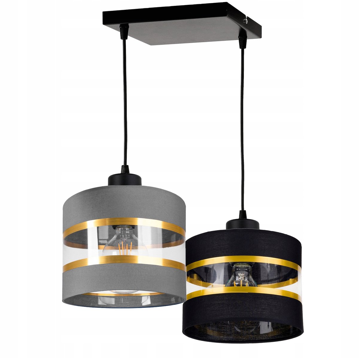 Hanglamp met stoffen kap, 2xE27 fitting, goudkleurige streep