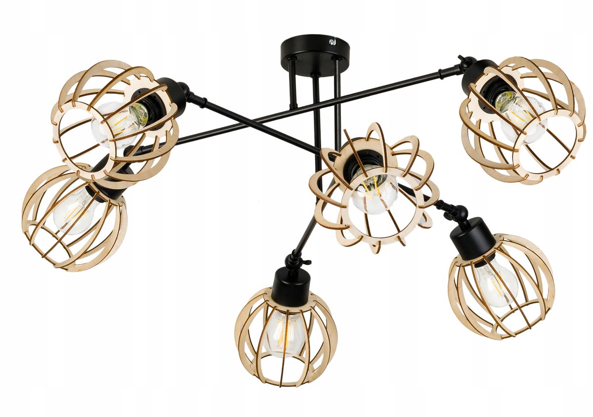 Loft Hanglamp Hout 6xE27 Verstelbaar Zwart