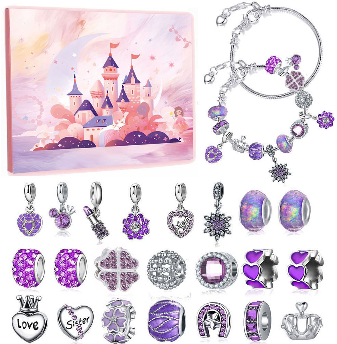 Adventskalender 2025 vrouw - adventkalender voor meisjes - DIY armbandmaakset - kerstkalender - sieraden voor meisjes - kerstcadeau voor meisjes - Paars
