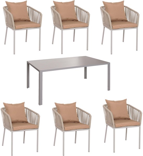 Zes dining stoelen met taupe kussens rond een grijze aluminium tafel.