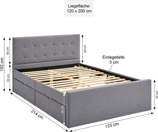 Lit capitonné Homestyle4u - 120 x 200 cm - avec espace de rangement - Grijs