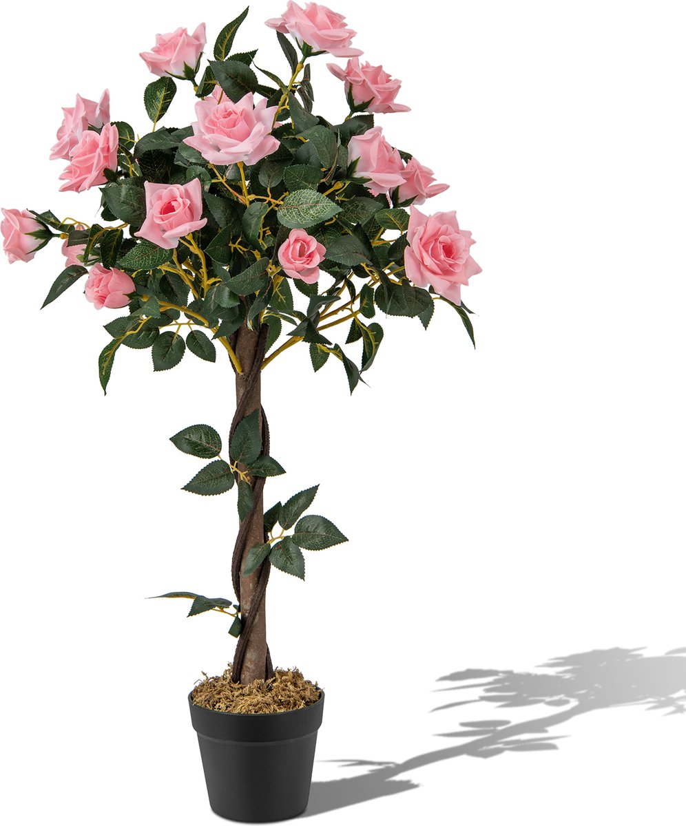 COSTWAY Kunstboom met bloemen, 93 cm, kunstplant in pot, rozenboom met 21 dennenrozen en natuurlijke stam, kunstbloem voor thuis, kantoor, kamerplant, decoratieve plant