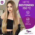 Model met lang, steil, blond ombre haar, met de tekst 'Hittebestendig 150°C, föhnen, krul/stijltang'.