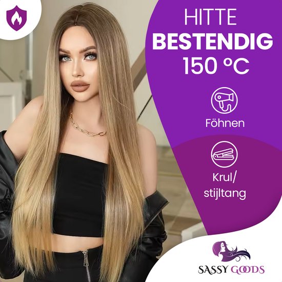 Model met lang, steil, blond ombre haar, met de tekst 'Hittebestendig 150°C, föhnen, krul/stijltang'.
