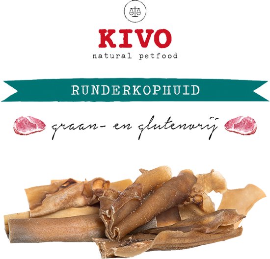 Kivo runderkophuid, graan- en glutenvrij. Een stapel gedroogde, bruine stukken runderkophuid.
