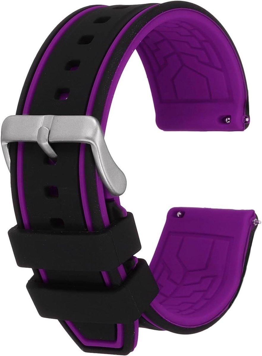 Siliconen horlogebandje, zacht en soepel, 24 mm breed, snelsluiting, zwart-paars, comfortabel in gebruik.