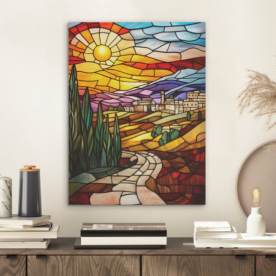 Akoestisch wandpaneel 30x40 cm - Vilt schilderij Mozaïek - Zon - Landschap - Dorp - Akoestische panelen - Geluidsdempende wanddecoratie - Geluidsisolatie woonkamer - Muurdecoratie geluidspanelen
