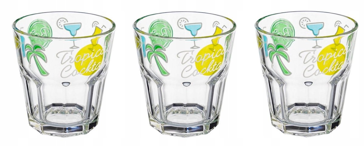 Tropic Glazen 296ml - Set van 3 met Kleurrijke Opdruk