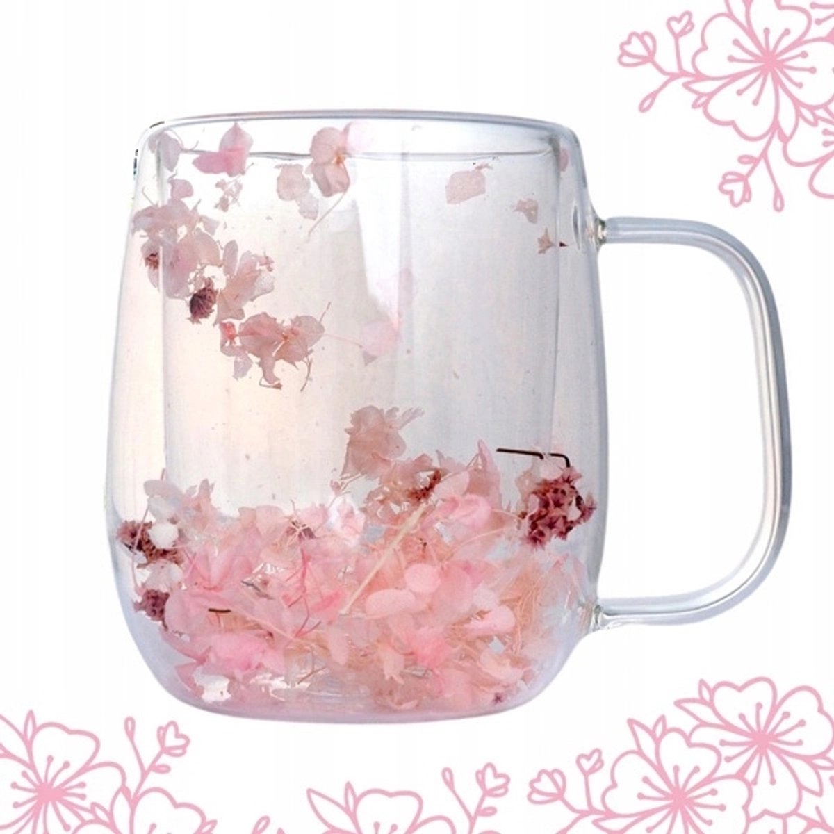 Ecarla Thermische Glas met Dubbele Bodem & Hortensia - 400ml - Pastel Roze