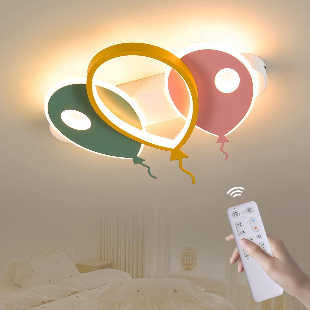 Epochglo LED Plafondlamp Kinderkamer - Ballon Design (Mix van Roze, Oranje & Groen) - 32W 2880LM - Dimbaar (3000K-6000K) - Afstandsbediening, Nachtlampje & Timer - Kleurrijke Slaapkamerlamp voor Jongens & Meisjes