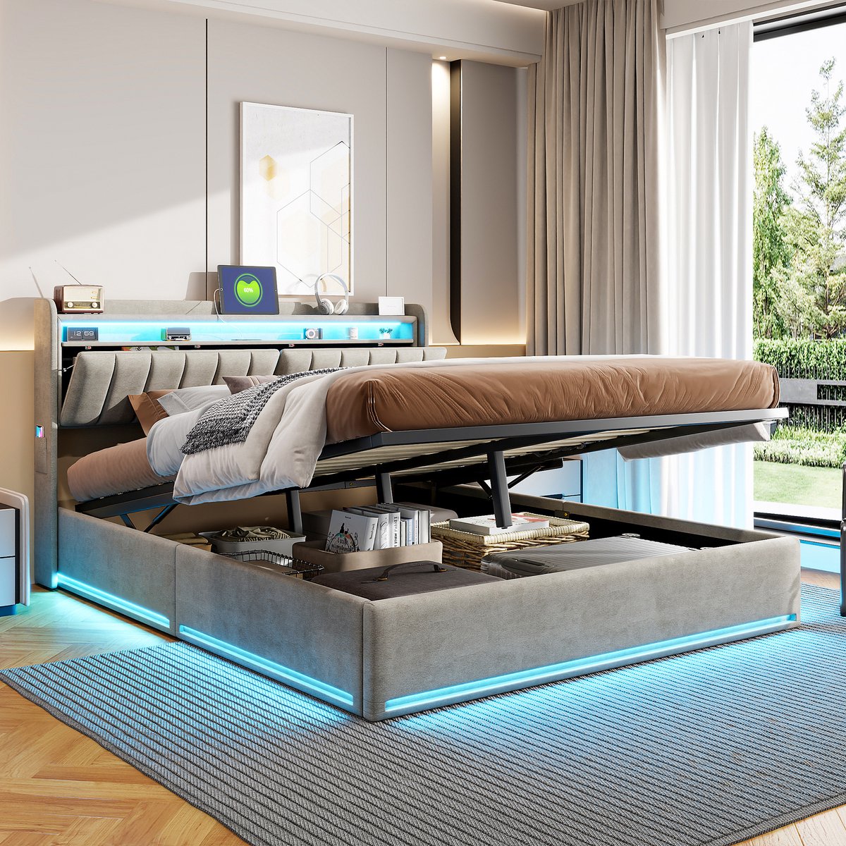 Grijs Fluwelen Bed 160x200 cm met LED USB en Opbergruimte - afbeelding 2