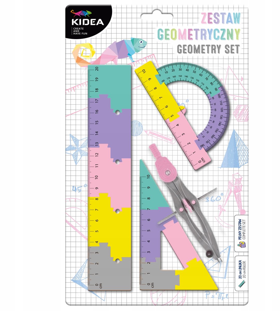 Kidea Geometrie Set Pastel 4 Delen 20cm Liniaal Passer Hoekmeter