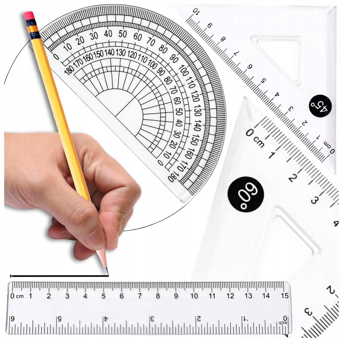 School Geometrie Set 4 Delen Liniaal Hoekmeter 15cm