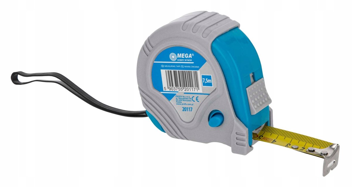 MEGA Rolbandmaat 7.5m x 25mm - 3 Stoppers, Rubberen Omhulsel