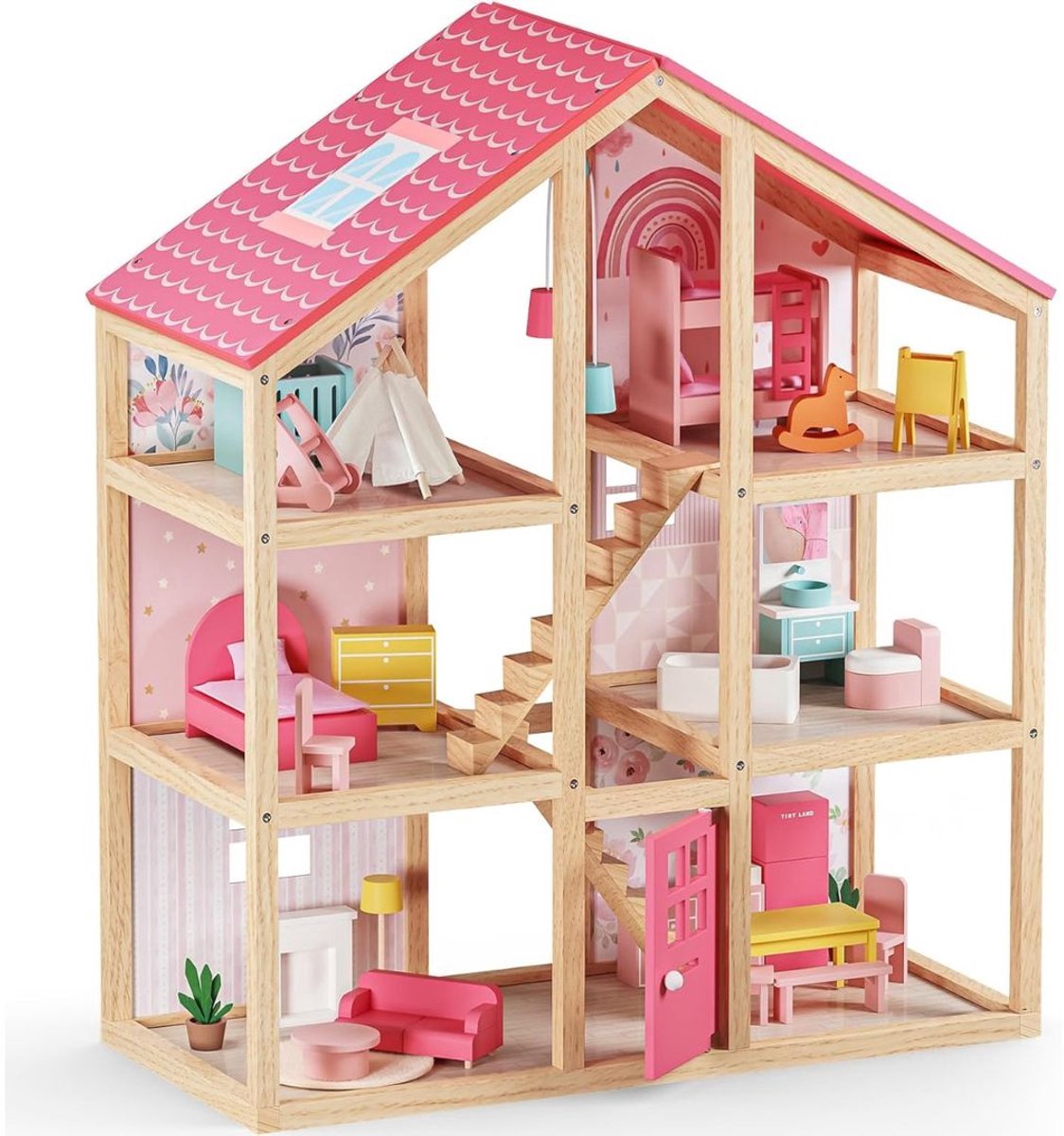 Thuys – Poppenhuis – Houten Poppenhuis – Met Meubels – Kinderspeelgoed 1 jaar – En Ouder – Roze En Bruin