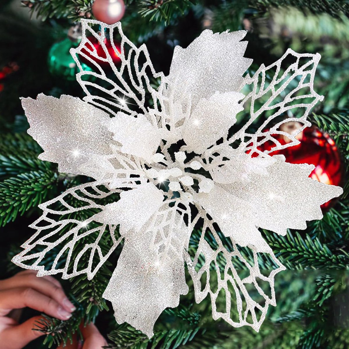 20 glinsterende kerstbloemen van 15,5 cm in PE-kunststof voor kerstdecoratie.