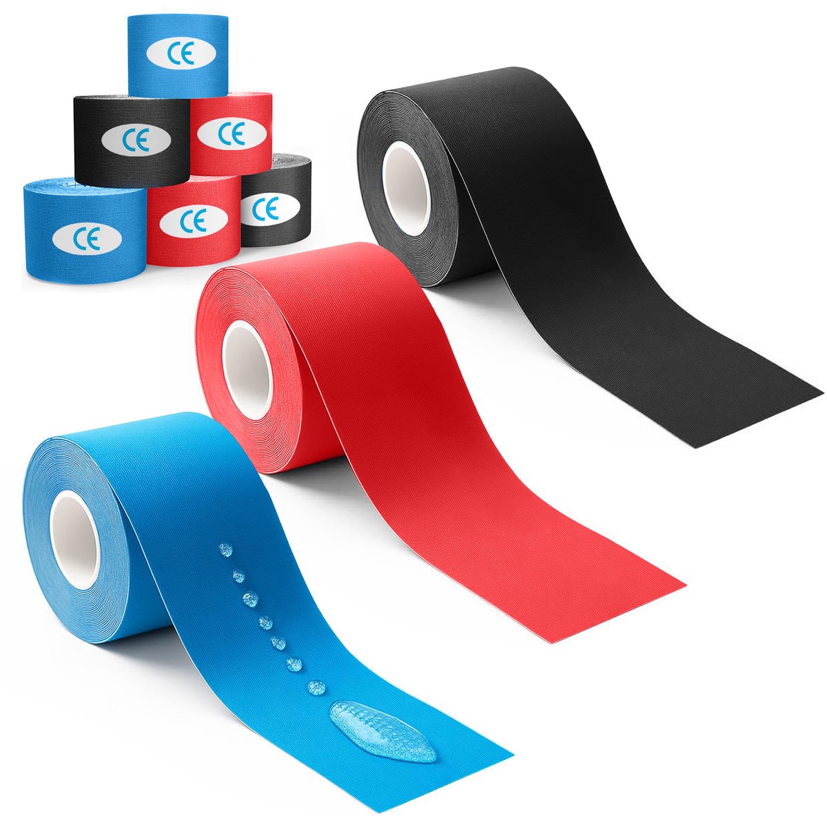 TTLUOKER®6-Pack Kinesiotape Elastisch - Professionele Sporttape 5cm x 5m (Blauw/Zwart/Rood) | Huidvriendelijk & Ademend | Voor Spierondersteuning en Blessures